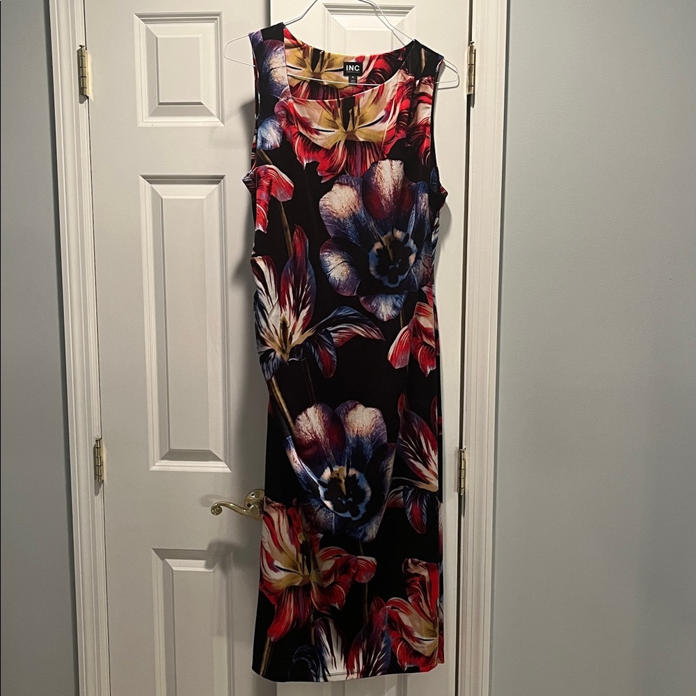 INC International Concepts Red and Yellow ruched Floral Dress